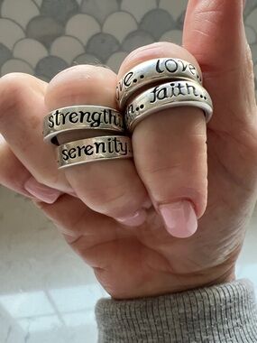 Inspirational .925 Silver Strength, Serenity, Faith, Love' Stacking Rings